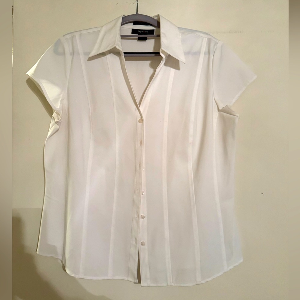 Collared white button-up blouse